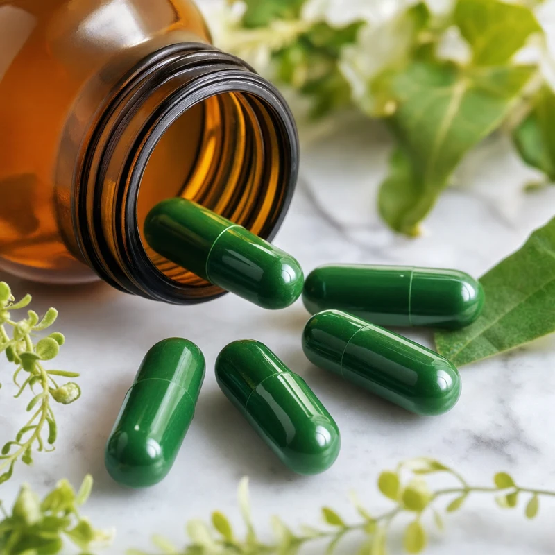 Cápsulas verdes de Wortex saliendo del frasco, suplemento antiparasitario con 6 extractos botánicos